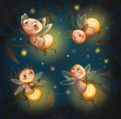 Flying fireflies against the background of the night sky