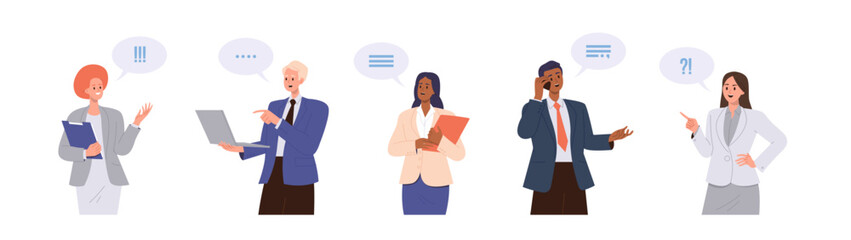 Set of diverse multiethnic business people characters speaking and talking using digital gadget