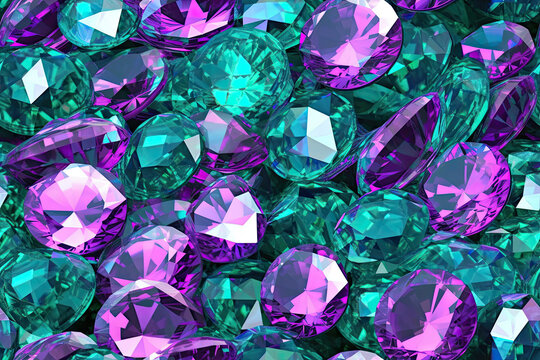 A Texture Of Purple And Green Diamonds On A Dark Background. Background From Precious Jewels.