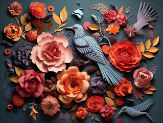 Vintage floral background with birds and flowers. 3D illustration. Generative AI