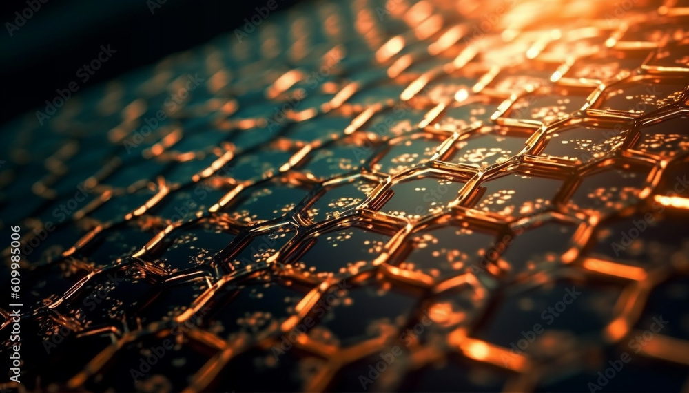 Poster metallic gold colored wire netting with textured effect and defocused backdrop generated by ai