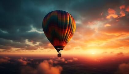 Hot air balloon flying over vibrant summer landscape at sunset generated by AI