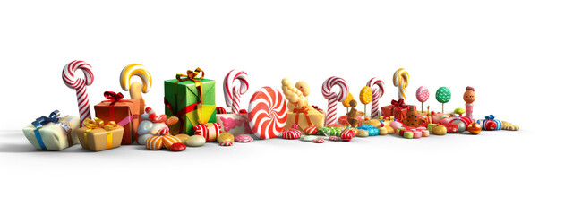 Christmas gifts and candy 3D render on white background with shadow. Generative AI