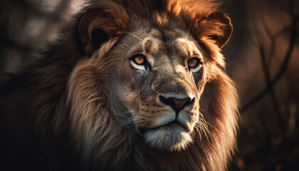 Majestic male lion staring at camera in African wilderness reserve generated by AI