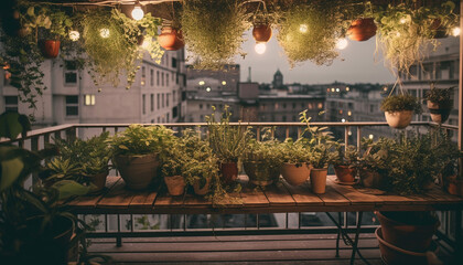 Fototapeta na wymiar Summer balcony decor potted plants, lanterns, and colorful flowers illuminate generated by AI