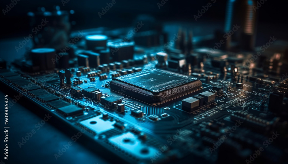 Poster abstract complexity of computer equipment circuit board, cpu, resistor generated by ai