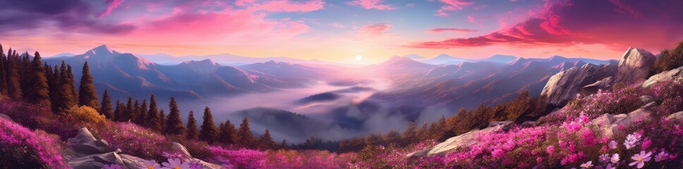 Colorful mountain scene with the setting sun