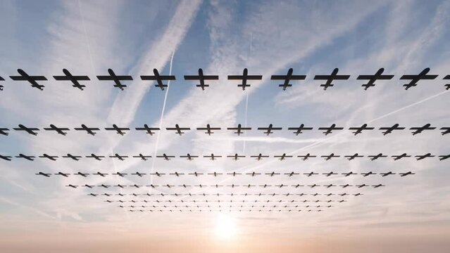 A swarm of military kamikaze drones deployed in a war zone to eliminate enemy targets with precision and speed.