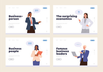 Landing page set for online business service with tips for startup career growth, financial literacy