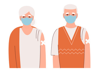 Vaccination of the elderly. Old woman and man in medical mask with band-aid on hands. Protection of people from coronavirus and other viruses, epidemics.Flat vector illustration on white background