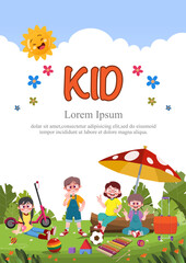 Obraz premium Cute children play outside. template for advertising brochures, ready for your text, poster, background, website.Style of kids drawings.