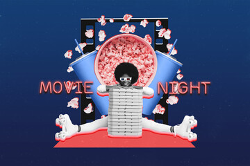 Creative collage of happy black white colors funky girl rollerblades pile stack pizza boxes big...