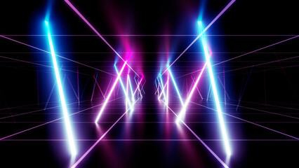 Neon Line Tunnel glowing Fluorescent light corridor stage 3D illustration background