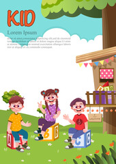 Cute children play outside. template for advertising brochures, ready for your text,  poster, background, website.Style of kids drawings.