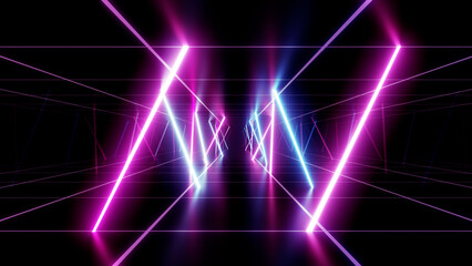 Neon Line Tunnel glowing Fluorescent light corridor stage 3D illustration background