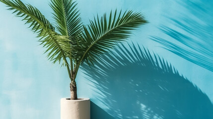 Summer concept Palm tree shadow on a blue background.