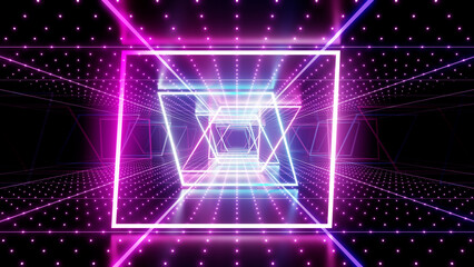 Neon Line Tunnel glowing Fluorescent light corridor stage 3D illustration background