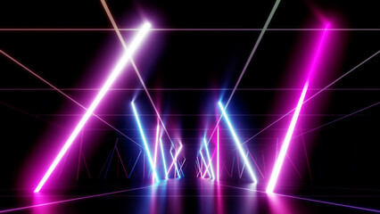 Neon Line Tunnel glowing Fluorescent light corridor stage 3D illustration background