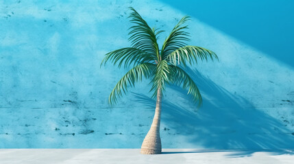 Summer concept Palm tree shadow on a blue background.