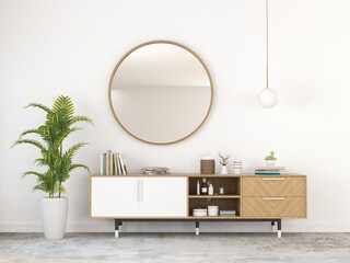 living room interior with wooden sideboard and round hanging mirror. 3D rendering