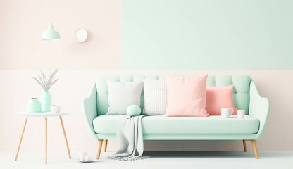Fototapeta na wymiar Modern living room interior with stylish comfortable sofa , pastel color tone,copy space for fill text.Generative AI.
