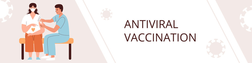 The doctor gives the vaccine to a pregnant woman. Vaccination and maternal health care during the coronavirus pandemic, antiviral medicine. Banner for website. Flat vector illustration