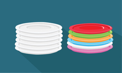Whie and multicolor ceramic plate stack vector isolated on dark background. Pile of white and multicolor plate flat vector in cartoon style. Clean dishes clipart. Crockery set.