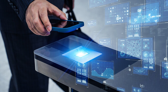A person touching a smart phone to a card reader and digital technology concept. Personal identification system. Cashless payment.