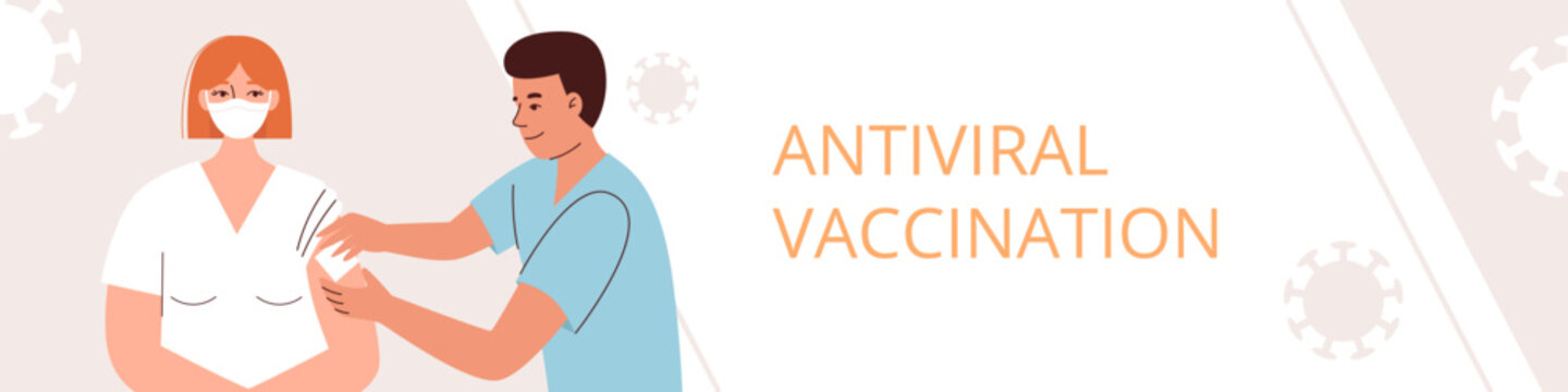 The doctor gives the vaccine to a young woman. Vaccination and health care during the coronavirus pandemic, antiviral medicine. Banner for website. Flat vector illustration