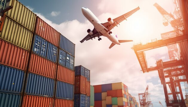 Cargo Plane Flying Above Stack Of Containers At Container Port