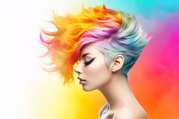 Obraz na płótnie Canvas Woman with vibrant multicolour rainbow-inspired hairstyle; concept of LGBT pride, LGBTQ people, LGBTQ rights campaign. Created with Generative AI technology