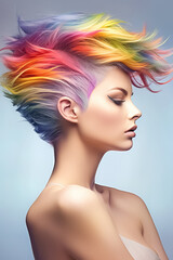 Woman with vibrant multicolour rainbow-inspired hairstyle; concept of LGBT pride, LGBTQ people, LGBTQ rights campaign.  Created with Generative AI technology