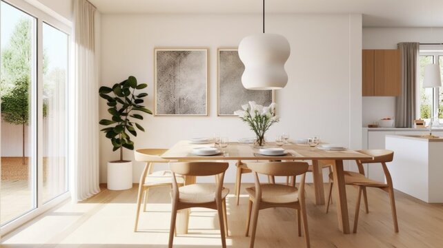 Fototapeta Interior design inspiration of Contemporary Scandinavian style home dining room loveliness decorated with Glass and Wood material and Window .Generative AI home interior design .
