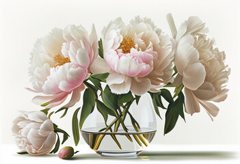 Peonies in a vase on a white background. AI Generated