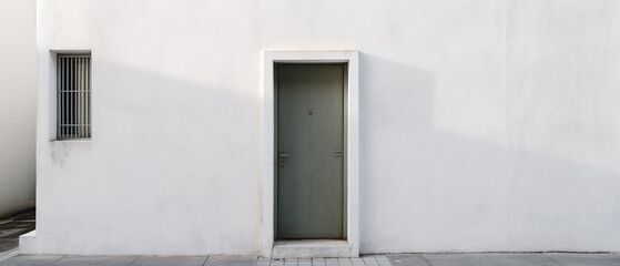 Fototapeta na wymiar Front doors on street. Mockup with facade of a town building with entrance door. Urban exterior. Loft doorway. Place for text. Minimalism. Generative ai