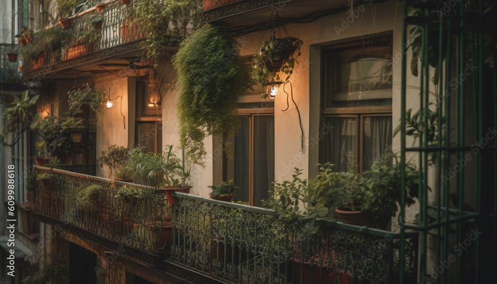Poster old rustic building exterior illuminated by lanterns at dusk generated by ai