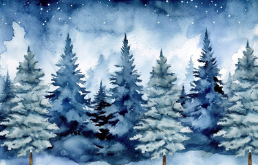 Obraz premium Watercolor winter landscape with fir trees and snowflakes. Watercolor illustration. Generative AI