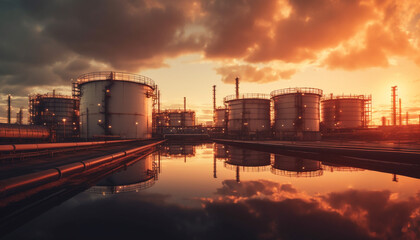 Metal pipes transport natural gas from petrochemical plant at dusk generated by AI