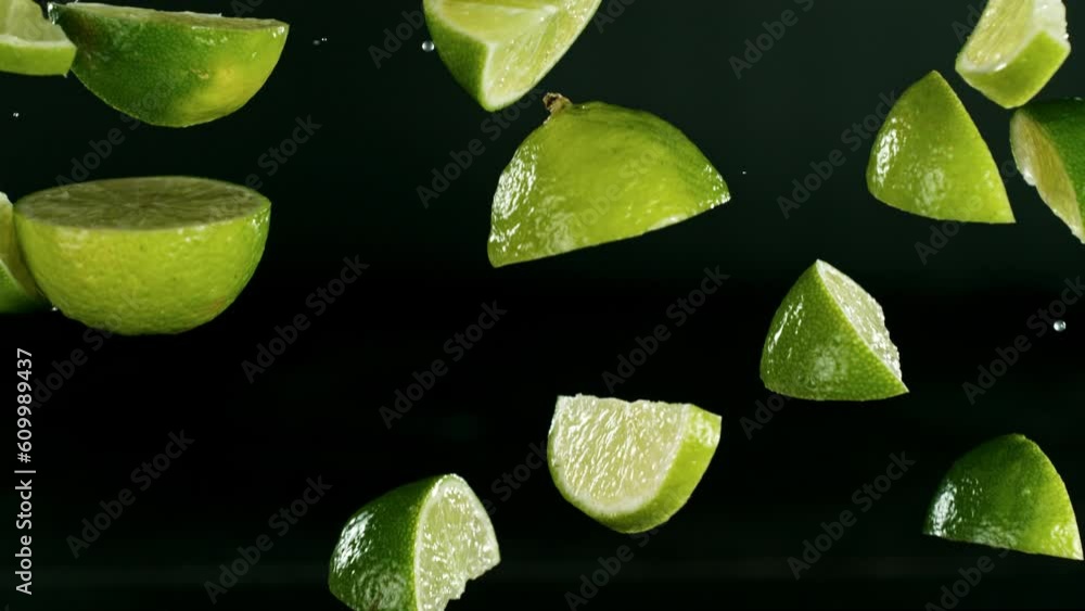Leinwandbilder super slow motion of falling lime slices on black background. filmed on high speed cinema camera, 10