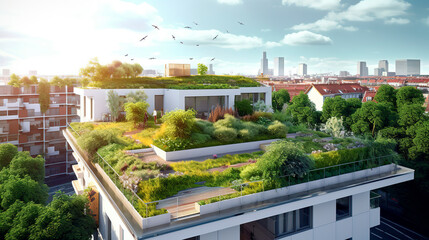 Modern residential district with green roof and balcony. Generative AI - obrazy, fototapety, plakaty