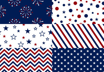 Obraz premium Seamless patterns set. Blue USA background with stars and red and white stripes. Patriotic background for Memorial day, Veteran's day, Martin Luther King Day and Columbus Day, Independence holiday