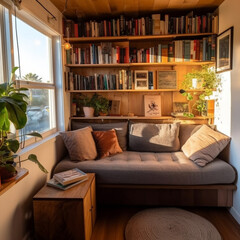A mini library in the living room of a tiny house. Books are neatly arranged on a wooden book rack, a comfortable sofa for two people, and a white wall.
