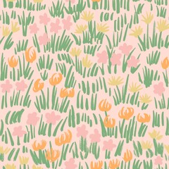 Hand drawn seamless pattern with pastel orange flower floral elements green leaves, ditsy summer spring botanical nature print, bloom blossom stylized petals.