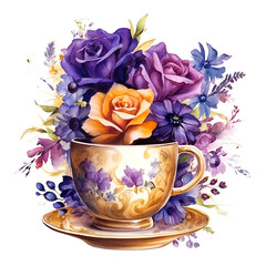 Beautiful vector image with nice watercolor bouquet of flowers in cup Generative AI