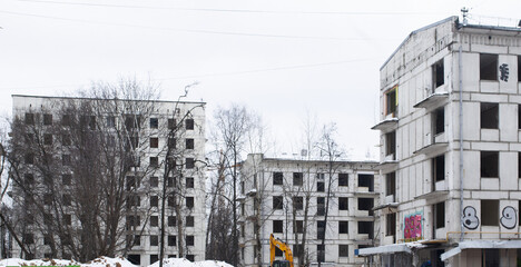 Moscow, Russia - February 11 2023: Shchyolkovskoye Highway 58 k1  abandoned apartment buildings waiting demolition by renovation program