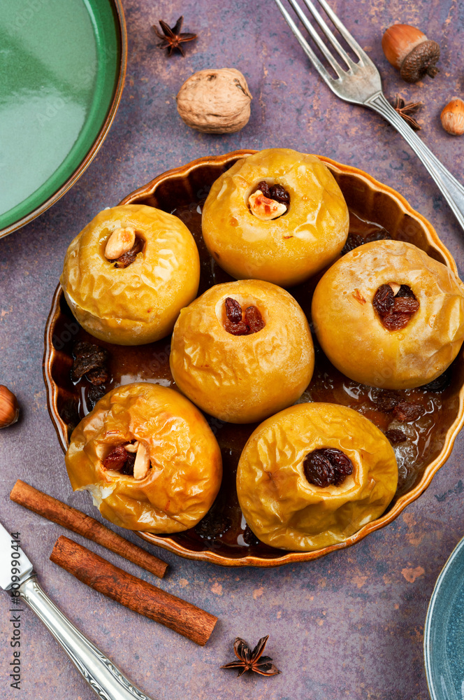 Canvas Prints Baked autumn apples with nuts and raisins