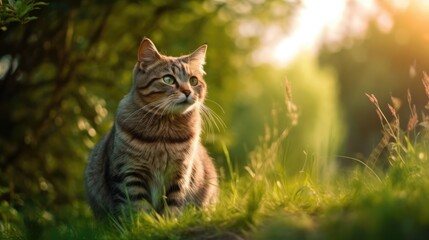 Naklejka na ściany i meble Cat with Nature Background - Wallpaper with Cat and empty copy space for text - Cute Beautiful Cat Backdrop created with Generative AI Technology