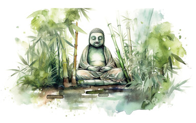 Buddha statue in bamboo forest. Hand drawn watercolor illustration Generative AI