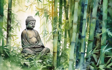 Buddha statue in bamboo forest, watercolor painting style Generative AI