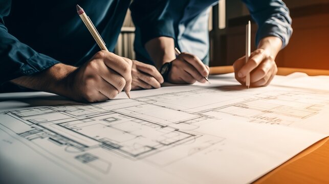 Persons Engineer Hand Drawing Plan On Blue Print. Architects And Engineer Discussing At The Table, Team Work And Work Flow Construction Concept